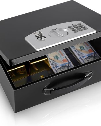 Portable Metal Safe Box with Digital Code Lock,Fire Resistant Storage for Documents, Fireproof Safe Box, Car, Home, Office and Outside, Black Box,Large