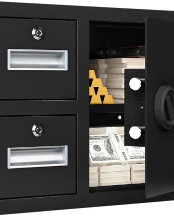 1.85 cuft Safe Box for Home, Steel Gun Safe Lock Box with Fingerprint Biometric, Deposit Safes with Two Drawers, 3 Unlock Ways, Upgrade Silent and Anti-Theft, LED Light, Safety Box for Money, Jewelry