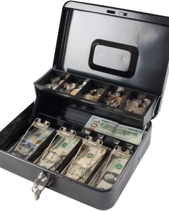 Locking Cash/Money Saving Organizer Box with Lock Safe with Key and Cash Tray, Black, 11.81Lx 9.45Wx 3.54H inches, XL Large