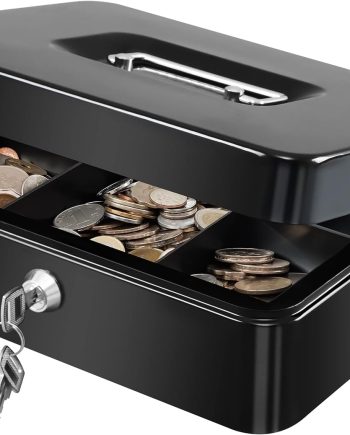 Large Metal Cash Box with Money Tray and Lock,Money Box with Cash Tray,Cash Drawer,9.84"x 7.87"x 3.54" Black Large