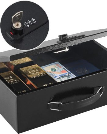 Fireproof Lock Box for Documents, Dual Combination and Key Lock Security with Carrying Handle, Metal Strong Safe Box to Keep Personal Items,Documents, Exterior 12.8" x 8.4" x 4.5", Black